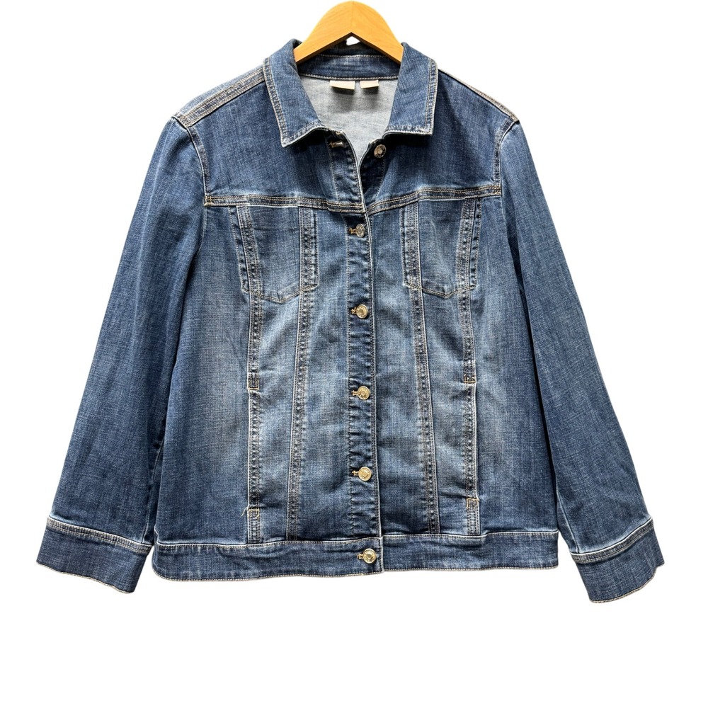 Chico's Jean Jacket Womens XL Blue Denim Trucker Button Up Coastal Classic